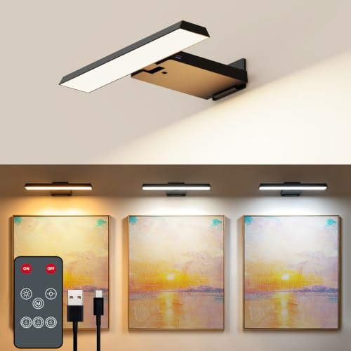 Coollamp Picture Lights for Wall, Cordless Dart Board Lights, Battery Operated Wall Light Rechargeable, LED Wall Sconces for Pictures, Frames&Mirros, 3 Color Temperatures, Remote Control, Black