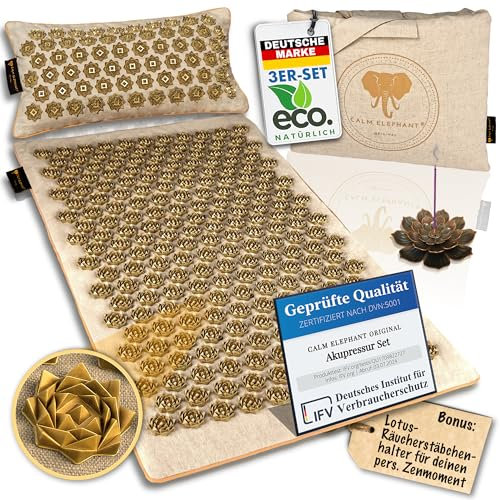 CALM ELEPHANT ORIGINAL® Tappetino per agopressione di lusso con cuscino XL Set Pure ECO, tappetino per schiena, per alleviare la tensione, tappetino per agopuntura, cuscino con funzione di calore e