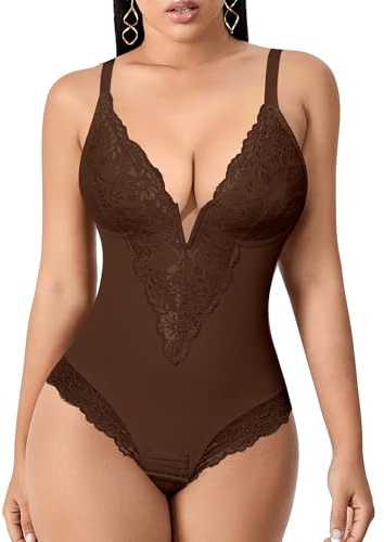 YARRCO Body da donna a pancia piatta con perizoma dimagrante e corpo intagliante aderente Shapewear con scollo a V in pizzo corsetto dimagrante intimo con spalline regolabili invisibili, marrone, XXL