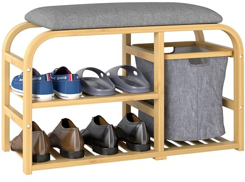 HOMCOM Banc à Chaussures en Bambou Meuble à Chaussures avec Coussin d'assise, 2 étagères à Lattes et Panier en Tissu Coulissant, Banc d'entrée pour Couloir, Chambre, 70x30x45cm, Bois Naturel