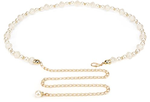 Cinturón de cadena para mujer, cintura de perlas sintéticas doradas y blancas, 31.5-43 pulgadas, ajustable, decoración corporal para vestidos, fiestas, uso casual, accesorio de joyería de moda