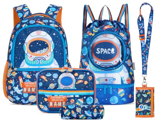 Tanou Schulrucksack Jungen 1.-3. Klasse, Set 5-teilig Rucksack Grundschule Leicht, Astronaut-Design Mode Ranzen Kinder Schultaschen-Sets für Jungs, 18 Liter