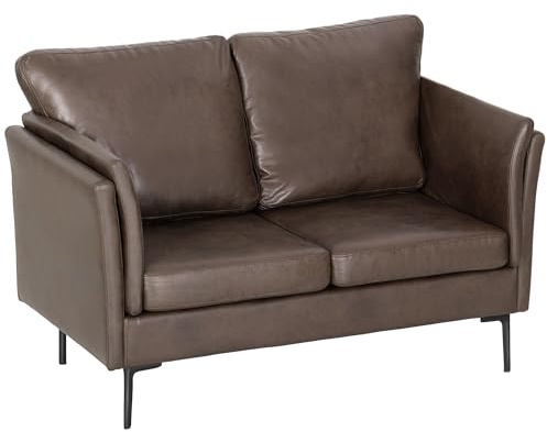 HOMCOM Divano 2 Posti Imbottito in Tessuto Effetto Pelle Traspirante con Braccioli Alti Curvi e Cuscini, Divanetto Salvaspazio Moderno per Soggiorno, Salotto e Studio, 137x72x88 cm, Marrone Scuro
