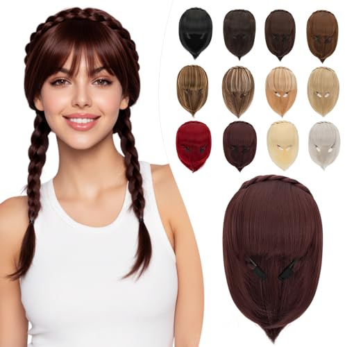 Elailite Hair Topper con Frangia Capelli in Cerchietto a Trecce Vino Rosso, Toupet Extension Frangetta Posticci Toupee Protesi Donna 92g
