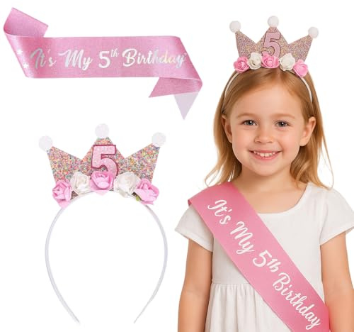 OIXEYA Conjunto de Cinturón con Corona Cumpleaños 5 Años, Corona de Cumpleaños de Rosas, Decoraciones de Cumpleaños Para Niña de 5 Años Decoraciones para Fiestas