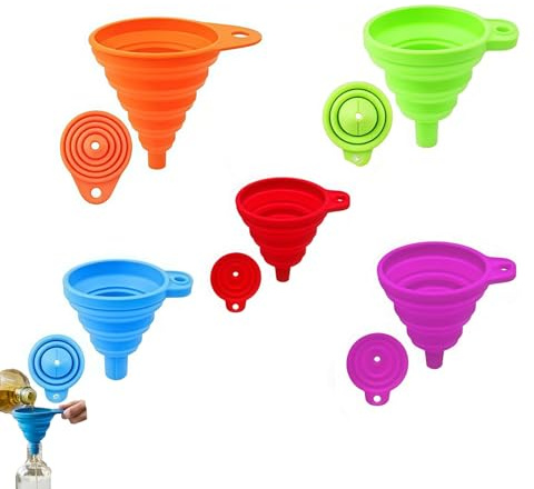 Juego de 5 embudos plegables de silicona, 4 tamaños S/M/L/XL ideal para transferencia de líquidos, resistente al calor, ahorro de espacio en la cocina, material alimentario, fácil de limpiar