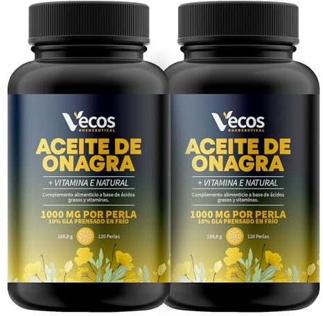 Aceite de Onagra 1000mg con 10% GLA prensado en frio y enriquecido con Vitamina E Natural - Alivia síntomas de la Menopausia - Sin Gluten ni azúcares añadidos (240 Cápsulas (2 Botes))