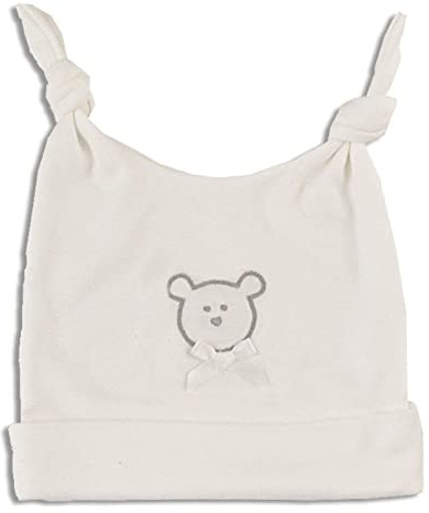 Zigozago - Cappellino Cuffia Neonato Fatto a Mano in Cotone con Orsetto Ricamato in Argento e con Due Nodi Taglia 0-6 Mesi