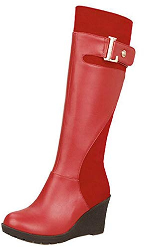 CuteFlats Botas de mujer con tacón de cuña de caña larga, rojo, 37 EU