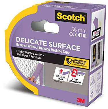 Scotch Delicate Surface Advanced Masking Tape, 36 mm x 41 m, Super-sharp Paint Lines, For Delicate Painting and Decorating Indoor, Painters Tape For Wallpaper and Furniture