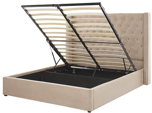 Beliani Letto Imbottito in Tessuto Beige con Box e testiera Alta 160 x 200 cm