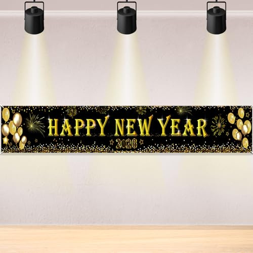 DPKOW Lungo Tessuto Felice Anno Nuovo Striscione per Capodanno Decorazione 2026 per Giardino Esterno Tavolo Parete Interno Casa Decorazione Anno Nuovo, 270 * 35 cm