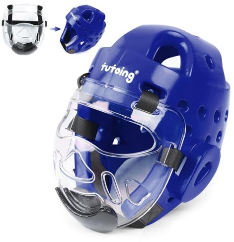 Tutoing Kids Adults Taekwondo Helmet Karate Headgear with Removable PC Face Shield Eva High-Density Foam Multiple Vents for Sparring Grappling Muay Thai Kickboxing MMA Karate Taekwondo Training