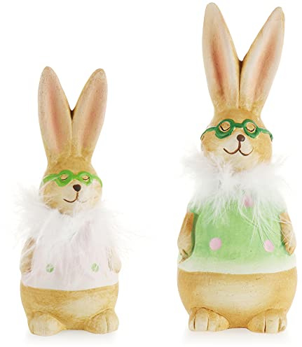 com-four® 2X Deko Aufsteller für Ostern, Bunte Osterhasen mit Brille, Osterdeko zum Hinstellen, Osterdekoration aus Keramik (2 Stück - 14cm + 19cm grün)