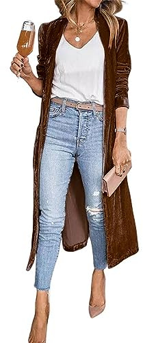 Rseoutlh Women's Long Velvet Cardigan Jacket Casual Open Front Velour Lapel Cardigan Maxi Blazer Duster Outwear Sweater(Brown-S)