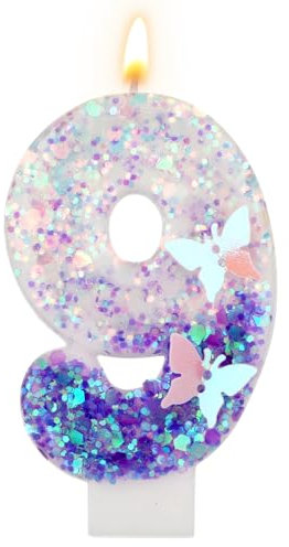 Geburtstag Zahlen Kerzen, 7,3 cm Schmetterling Kerze Geburtstag Lila Glitzer-Zahlenkerzen Lila Kuchendekoration Happy Birthday Niedliche Zahlenkerzen für Feiern (Zahl 9)