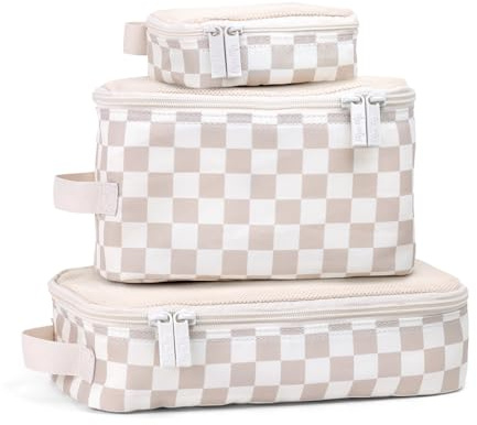 Itzy Ritzy Packing Cubes for Travel – Set of 3 Packing Cubes or Travel Organizers – Each Cube Features a Mesh Top, Double Zippers and a Fabric Handle (Checkerboard)