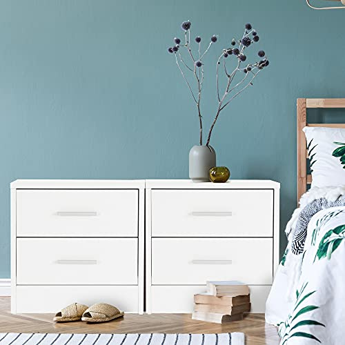 ML-Design 2X Mesitas de Noche con 2X Cajónes Estante Abierto 38 x 37 x 34 cm Blanco Manijas Aluminio Mesa Auxiliar para Libros Teléfono Cómoda Lisa Madera Mueble Cajonera Decorativa para Dormitorios