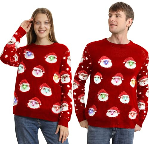 Kouric Jersey Navideño con Luces,Jersey Navideño Hombre/Mujer con Estampado de Papá Noel,Christmas Ugly Sweater,Suéter Navidad Divertido,Jerseys Navideños Feos,Jerseys Navidad Pareja-Rojo