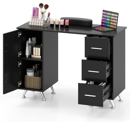 COSTWAY Table de Manucure Professionnelle avec 2 Armoires 3 Tiroirs, Station de Technicienne en Ongles avec Repose-Poignet Pieds en Métal, pour Salon de Beauté Spa 90 x 43 x 74 cm (Noir)