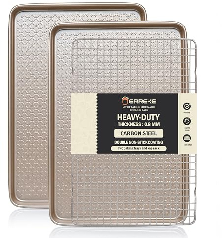 Erreke Set de 2 Plaques à Pâtisserie avec Grille 40x27 cm, Plaques de Cuisson Antiadhésives Épaisseur 0.8 mm, Idéal pour Patisserie, Biscuits, Palmiers, Éclairs, Sablés Bretons, Macarons, Résistant