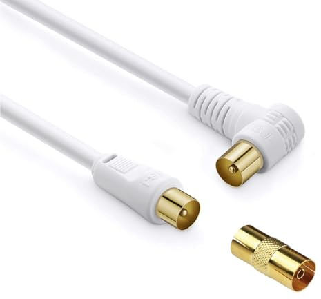 JZK 1.8 m Maschio-maschio TV coassiale antenna cavo, cavo coassiale RF placcato in oro, connettore ad angolo retto con adattatore per Freesat, Freeview, BT, decoder, prolunga per antenna TV