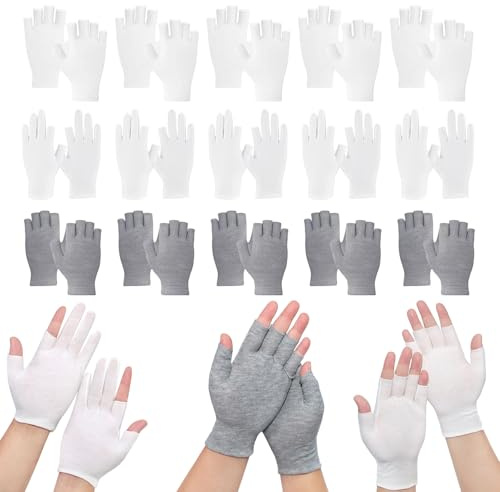 QingWing 15 Paia Guanti Cotone Senza Dita Donna, Protezione UV Estiva per Mezze Dita Traspirante e Traspirante Guanti in Cotone Bianchi e Grigio, per Dermatiti Golf Guidare Ciclismo Touchscreen