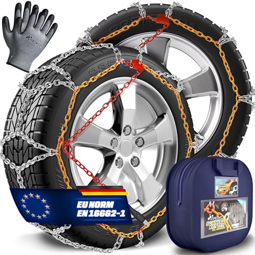 TRESKO® Lot de 2 chaînes à neige pour voiture avec gants et boîte de rangement | Chaînes à neige en métal pour voiture | Chaînes à neige EN 16662-1 & ÖNORM V5117 | Montage rapide | Pour avant, arrière