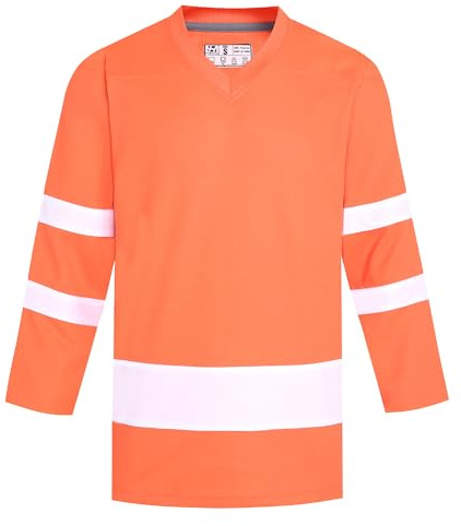 Pullonsy Orange Men's Hockey Jerseys for Adult V-Neck Practice Shirts University Hockey Sports Sets Vintage Holiday Casual Outfits Orange Jersey-White Stripe, Men Size X-Large