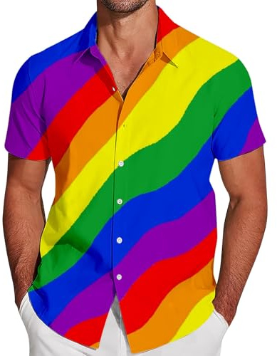 RUMAOZIA Pride Camisa Hombre Manga Corta Arco Iris LGBT Camisa Oversize Rainbow Cuello Ligero Camisa Hawaiana con Botones Camisas Arcoíris Verano Camisa de Manga Corta Transpirable Camisas Hombre