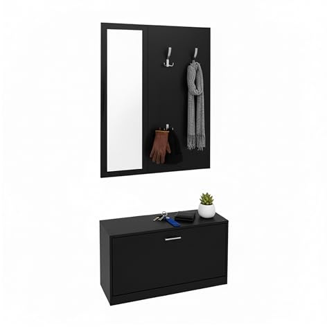 Baroni Home Mobile Ingresso Nero con Scarpiera, Appendiabiti a Muro 4 Ganci e Specchio, Panca Porta Scarpe, Set Modulare Salvaspazio, 27x80x147cm