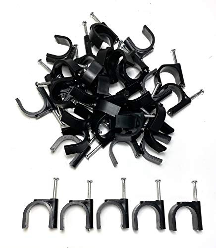 TR Cable® Pack of 50 Round Black Cable Clips with Strong Nails - Durable & Versatile - Ideal for Indoor/Outdoor Cable Management, 22mm
