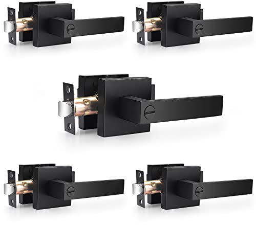 Probrico Heavy Duty Flat Black Square Privacy Interior Door Levers Bedroom and Bathroom Door Handles Keyless Bed/Bath Lockset (5 Pack)