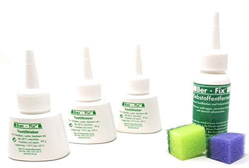 Ber-Fix Starter Set Textilkleber waschmaschinenfest transparent kochfest bügelfest Plus Klebstoff-Entferner (3x 40g Textilkleber, 40g Klebstoffentferner)