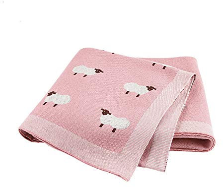 Babydecke Baumwolle Strickdecke, Surwin Mädchen und Jungen Kleines Schaf Muster Kuscheldecke - Vielseitig Nutzbare Baby Decke für Kinderwagen, Babyschale (100x80cm,Rosa)