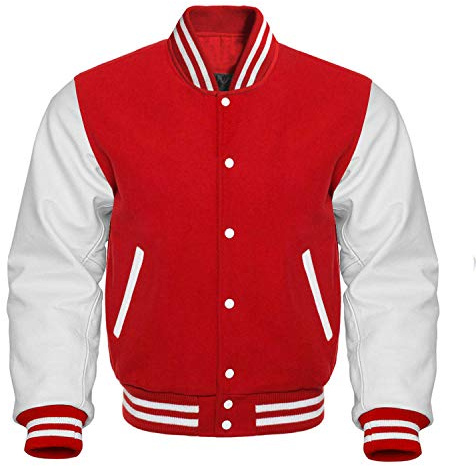 Fashion_First Giacca da uomo Varsity Bomber – Vintage College Baseball High School Nero Letterman Jacket – University Top, rosso e bianco., XXL