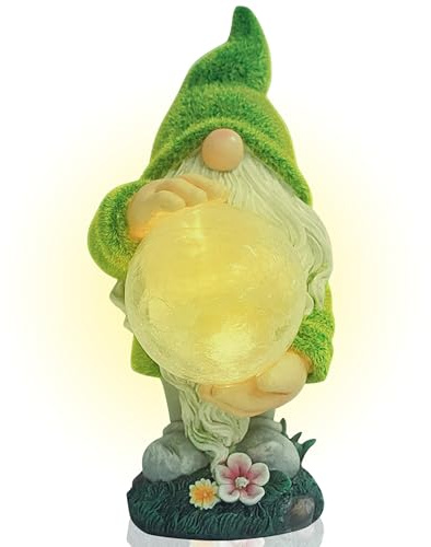 TIN DREAMS FACTORY | Gnomo Vedente con Luce Solare – Figura Decorativa da Giardino in Resina – Nano con Sfera Luminosa LED – Decorazione Originale per Giardino, Terrazza e Patio