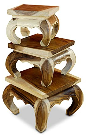 Juego de 3 mesas auxiliares de madera maciza de acacia, diseño de flores en diferentes tamaños (natural, set)