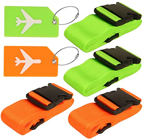 Fasery 4 pcs Luggage Straps with Luggage Tags Adjustable Suitcase Straps Travel Packing Belt with Buckle Orange and Green