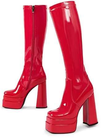 wetkiss Red Platform Knee High Boots Women Chunky Heel Red Gogo Boots with Full Side Zipper-Stretchy Party Festival Long Square Toe Boot for Cosplay, Costume, Halloween & Costume Events-Not for Wide