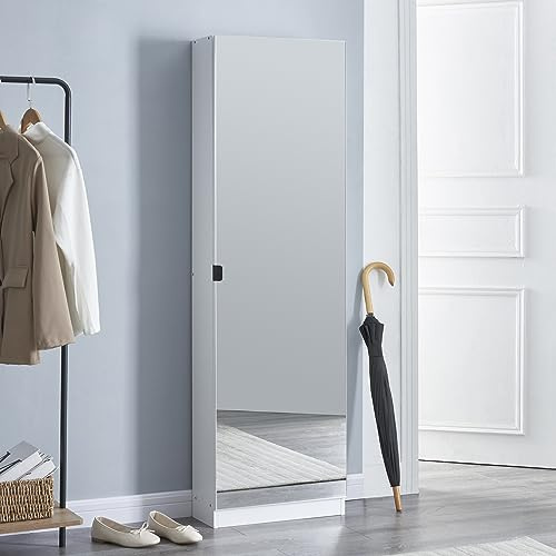 [en.casa] Armadio Portascarpe con Anta a Specchio Scarpiera Armadio Stretto con 5 Contenitori Morbidi in Tessuto Effetto Lana 160 x 48 x 20 cm - Bianco