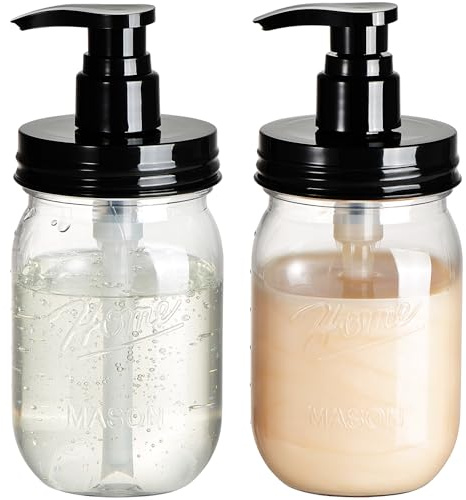 Amolliar Plastic Mason Jar Soap Dispenser with Pump Lid,16OZ Refillable BPA-Free Hand Soap Dispenser Set with Cute Lables - Farmhouse Decor for Kitchen/Bathroom,Liquid Soap,Dish Soap, Lotion (2 Pack)