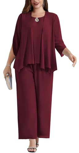Hanna Nikole Conjunto de traje elegante para mujer de tallas grandes, conjunto de muselina para fiesta y cóctel, elegante, 3 piezas, incluye camisa y pantalón de cintura alta, Vino, 52 Grande