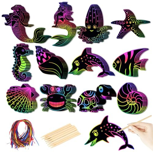 48 pcs Meerjungfrau Kratzbilder mit Holzstiften,Meereslebewesen Tier Dinosaurier Kratzpapier Scratch Art Bastelset Meereslebewesen Tier Dinosaurier für Kindergeburtstag Gastgeschenke