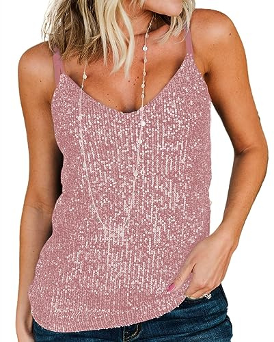 AirMood Donne Sexy Scoop Neck Sparkle Shimmer Tank Gilet Paillettes Top Disco Paillettes Tank, Rosa, L
