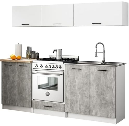 BDW - Küchenzeile ohne Elektrogeräte - Miniküche 200 cm breit - Küche Komplett: Küchenunterschränke & Küchenhängeschränke - 200x74x46 cm - Küchenschränke Weiß/Beton