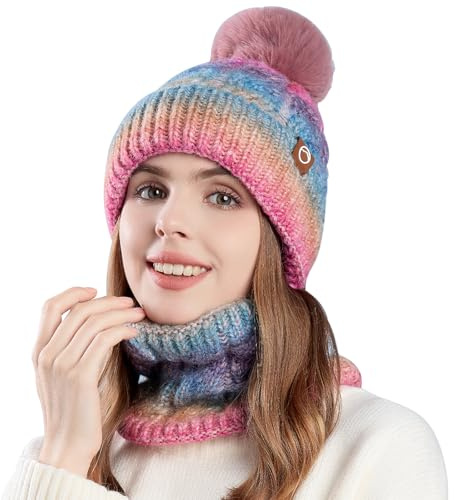 WANYIG Juego de gorro y bufanda de invierno para mujer, gorro de invierno cálido, gorro de punto con bufanda, gorro de otoño y bufanda con borla/Forro interior de felpa suave, morado, 53-58CM
