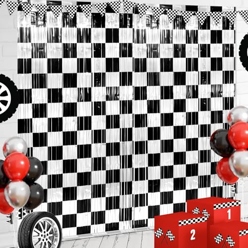 3 Pack 3.3Ft x 6.6Ft Race Car Checkered Foil Fringe Curtain Backdrop Decorations, Black White Metallic Tinsel Foil Streamers Curtain Photo Booth for Race Car One Happy Dude Birthday Party Decorations