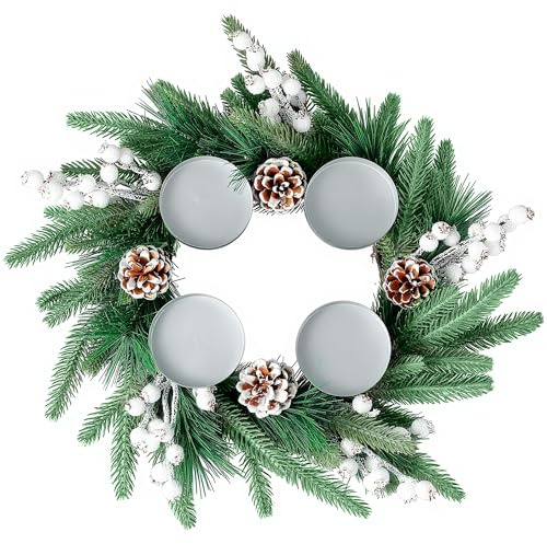 Hushee Advent Wreath Corona De Adviento Católica Con Velas 17.7 in White Berries Advent Wreath Candle Holder Xmas Centerpiece Table Decor