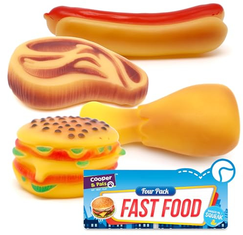 4pk Squeaky Dog Toys Mix, Durable Latex Fast Food Designs, Soft Chews for Puppies, Small Dogs & Medium Breeds like Beagles, French Bulldogs, Dachshunds & Yorkies. Boredum Buster, Interactive Fun